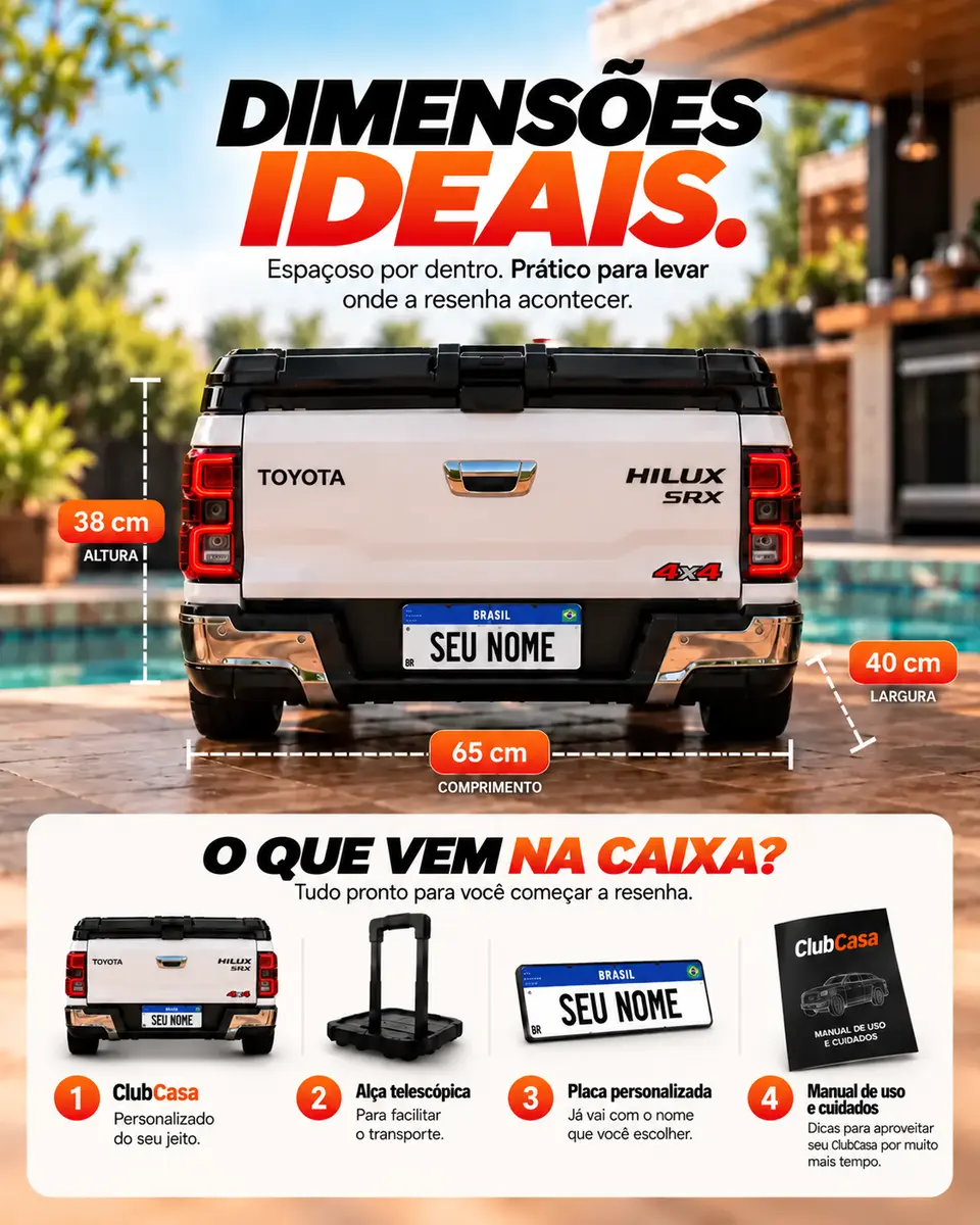 Dimensões do ClubCasa: 65 × 40 × 38 cm